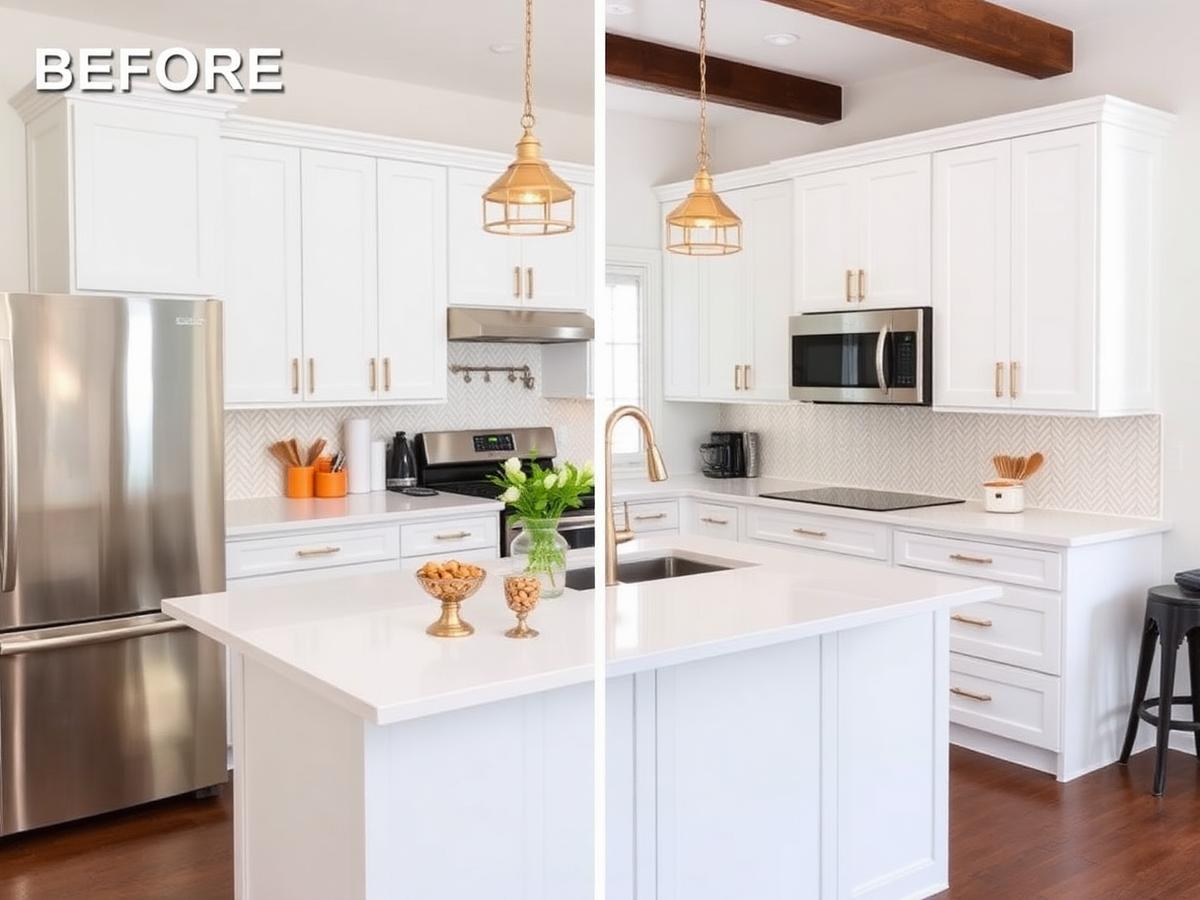 Modern renovated kitchen with white cabinetry and brass fixtures